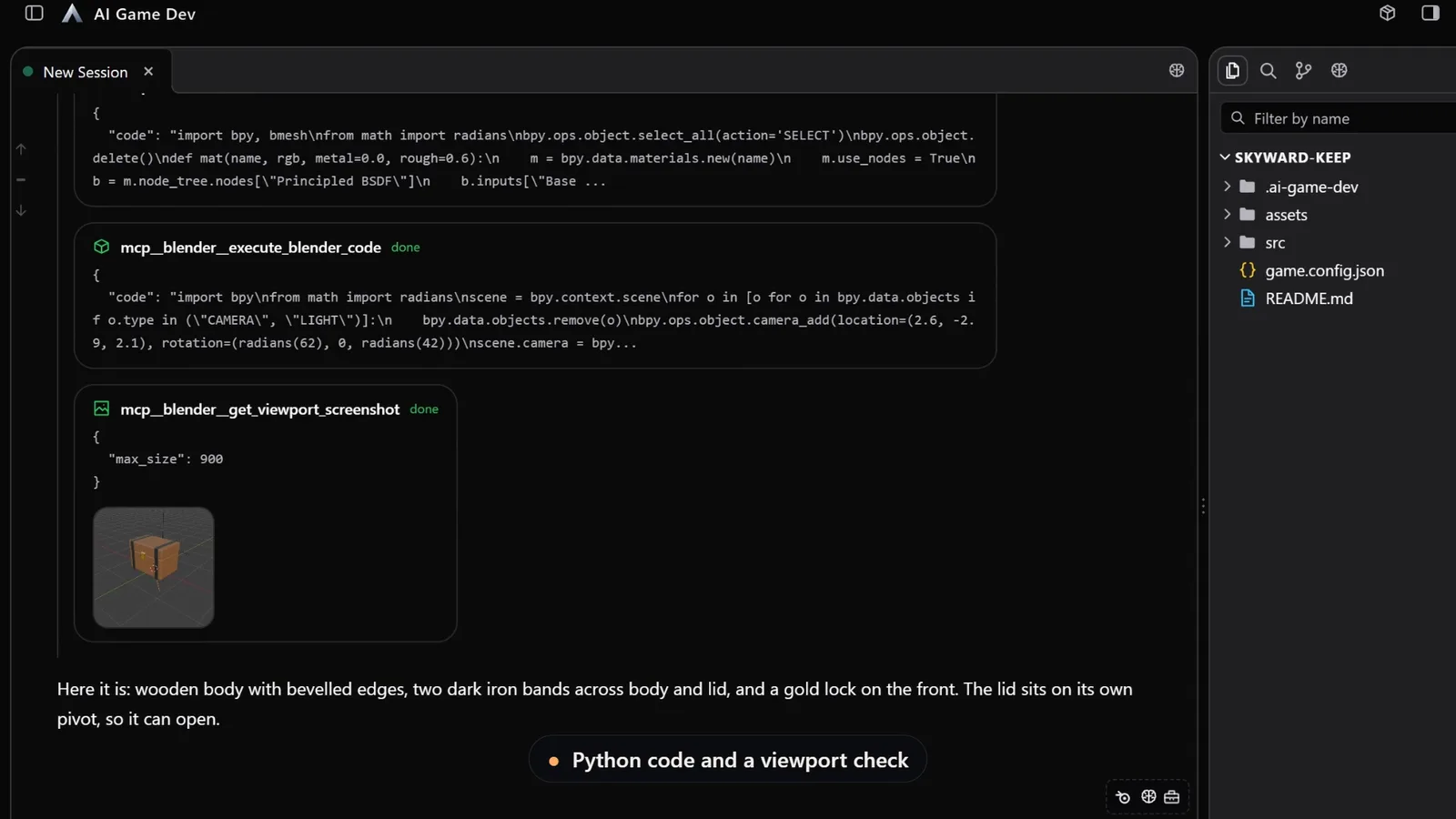 Die Blender-Tool-Aufrufe des Agenten im Chat: Python-Code, dann ein Viewport-Screenshot der Truhe