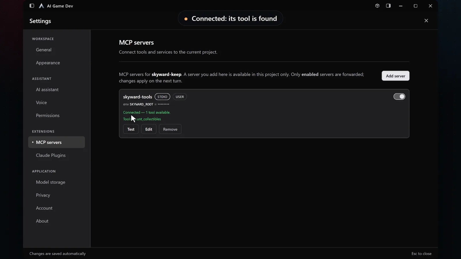 El servidor MCP skyward-tools en Ajustes, conectado, con una herramienta disponible