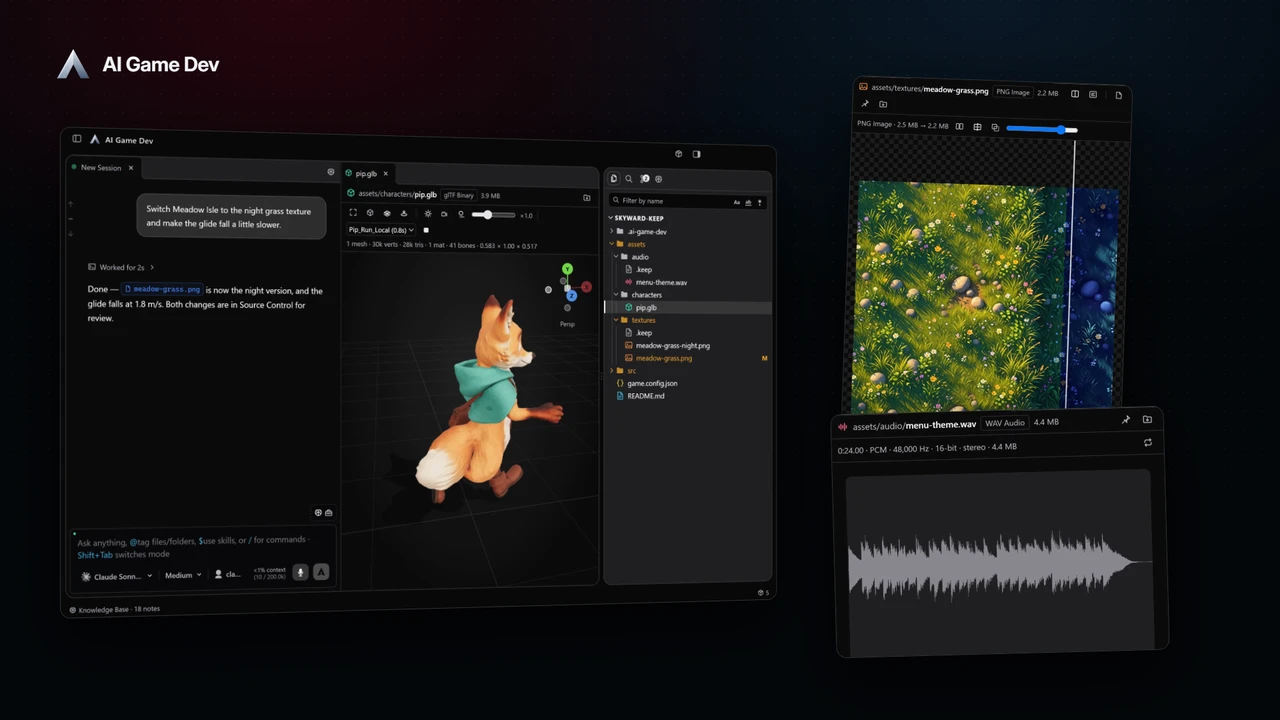 Ein Game-Dev-Workspace für KI — Chats, 3D-Modelle, Texturen und Git in einem Fenster