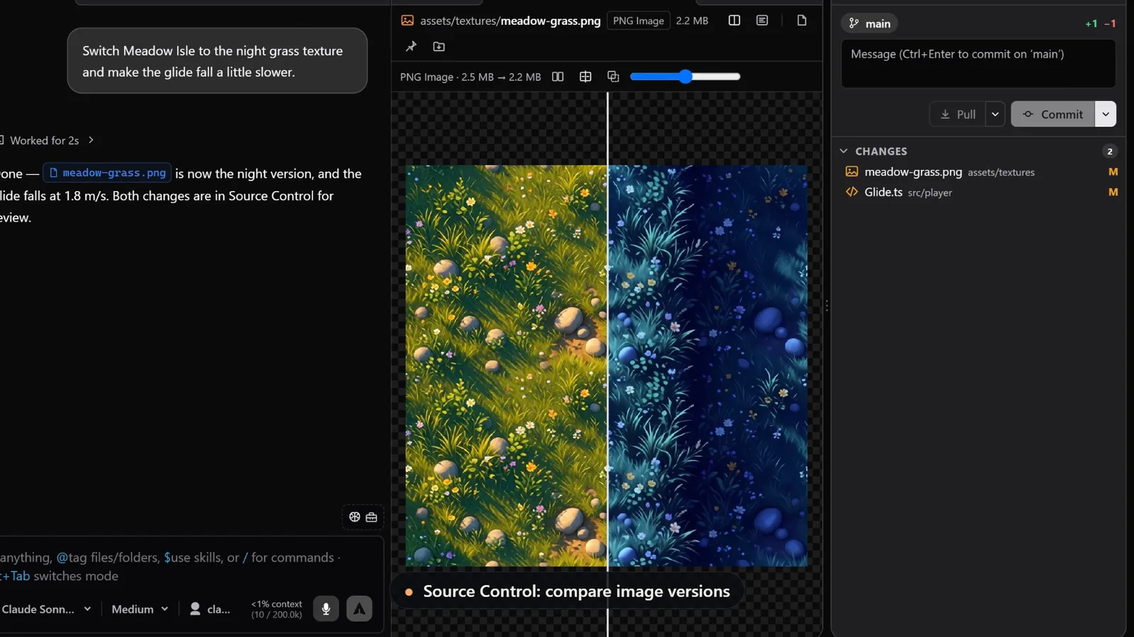 Source Control vergleicht die Tag- und die Nachtversion der Gras-Textur mit einem Slider