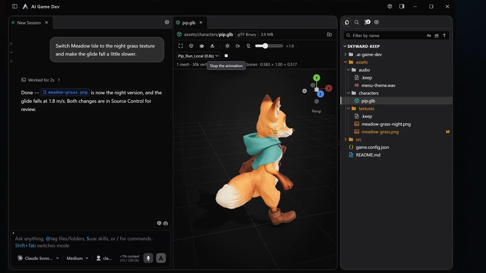 Das animierte 3D-Modell der Fuchsfigur, angedockt in einer Vorschau-Pane neben dem Chat