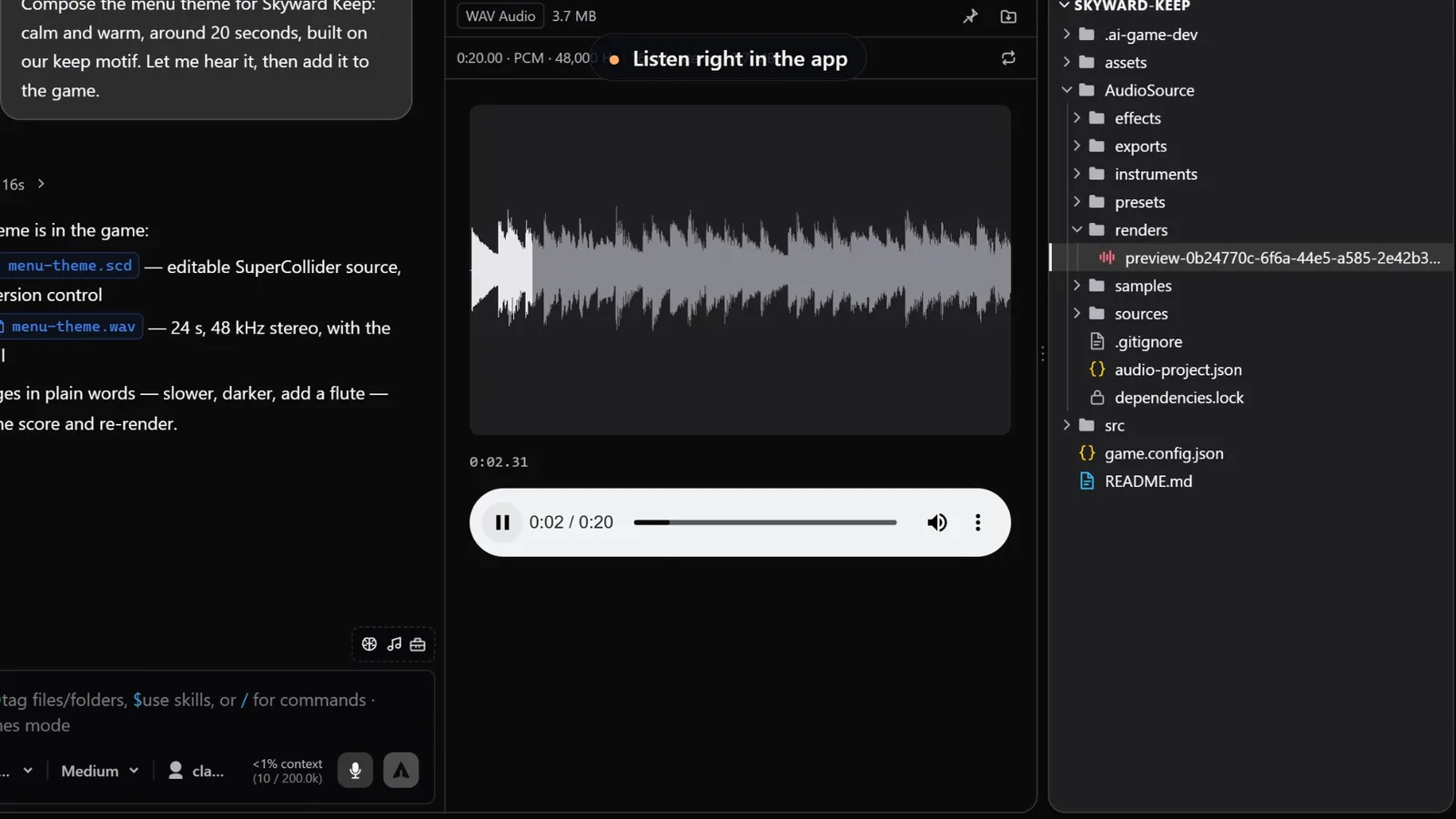 Das gerenderte Menüthema spielt in der Audio-Vorschau der App mit seiner Wellenform