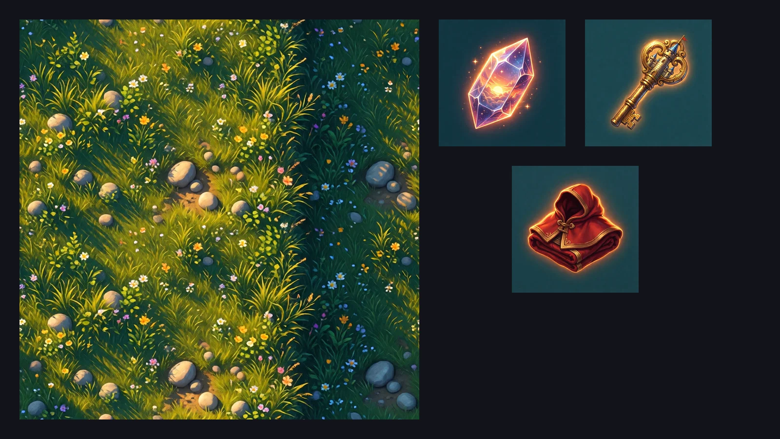 Eine generierte kachelbare Grastextur und drei Item-Icons — ein Himmelssplitter, ein Burgschlüssel und ein Umhang — in handgemaltem Stil