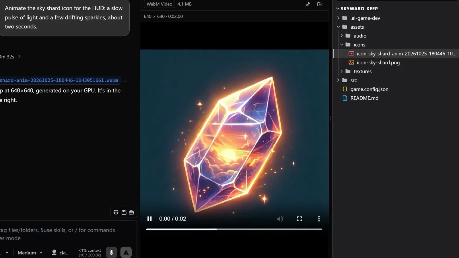 The animated sky shard playing in the app's video preview next to the chat