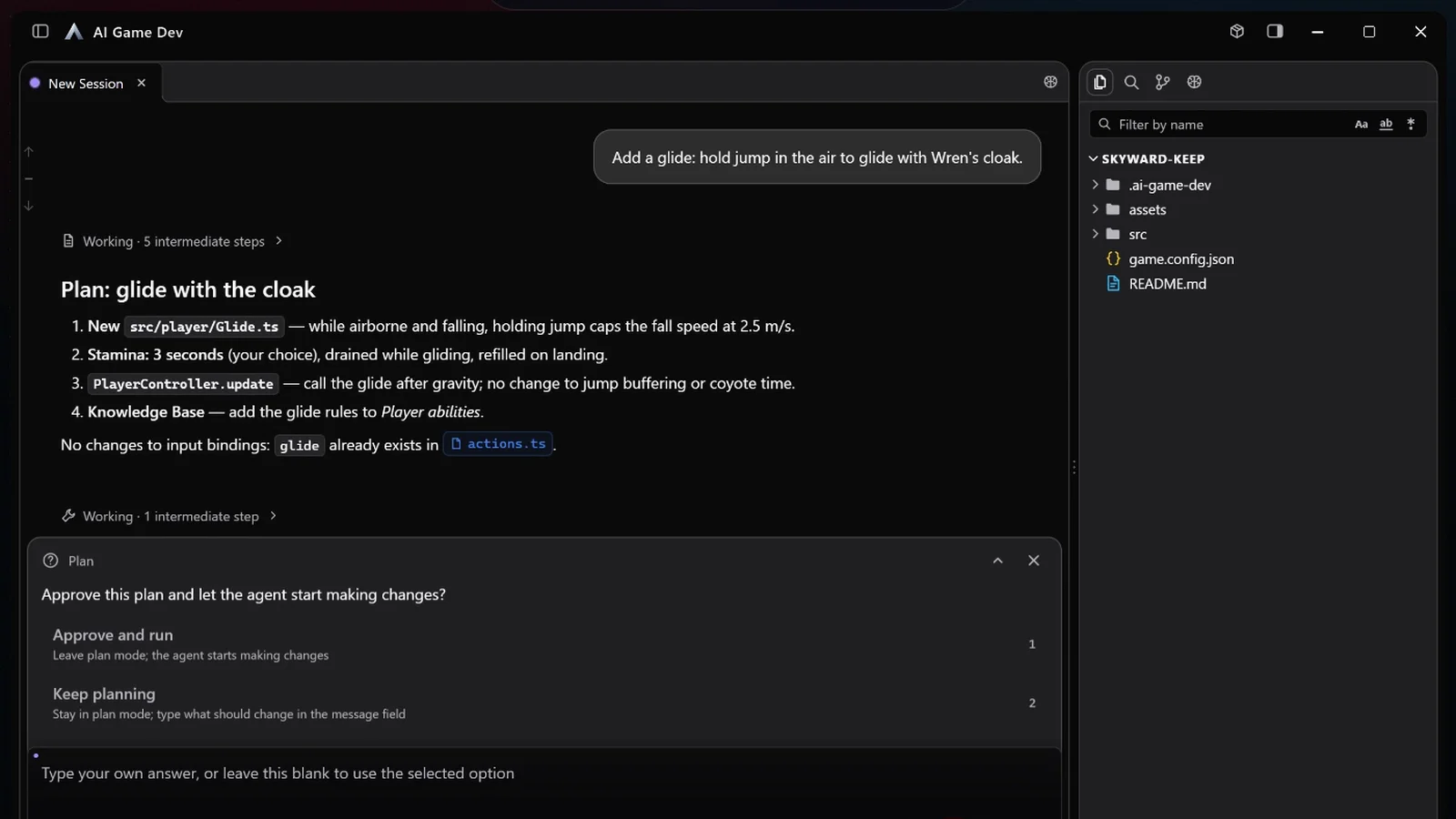 The glide plan in the chat with the approval card offering Approve and run or Keep planning