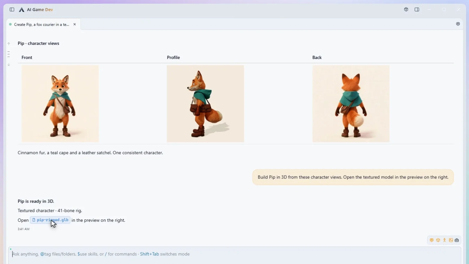 Pip's front, profile and back views in the chat, next to the 3D model built from them in the preview